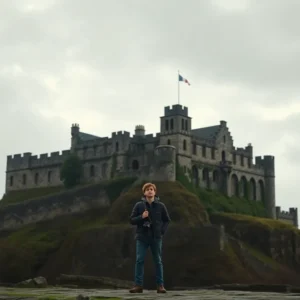 Persona con chaqueta y cámara frente al Castillo de Edimburgo decepcionante: la verdad oculta que sorprende bajo un cielo gris.